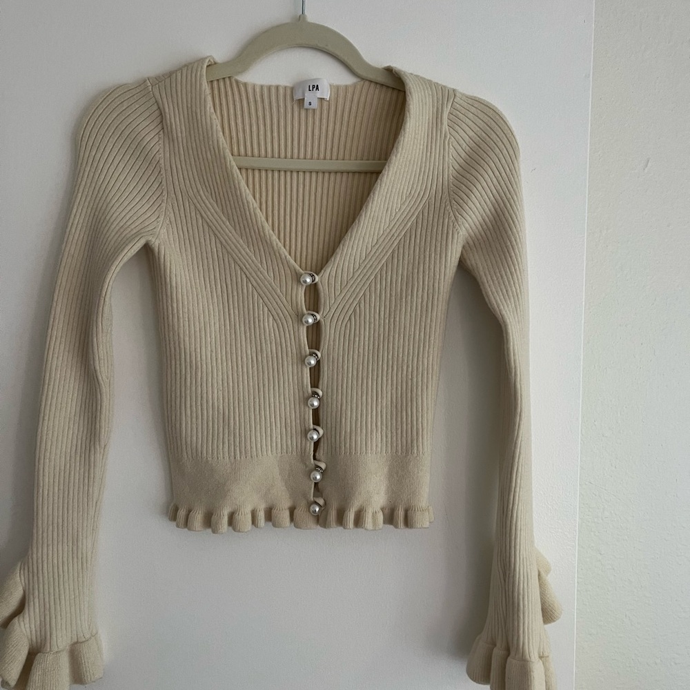 LPA Cream Ribbed Cardigan with Ruffle Sleeves